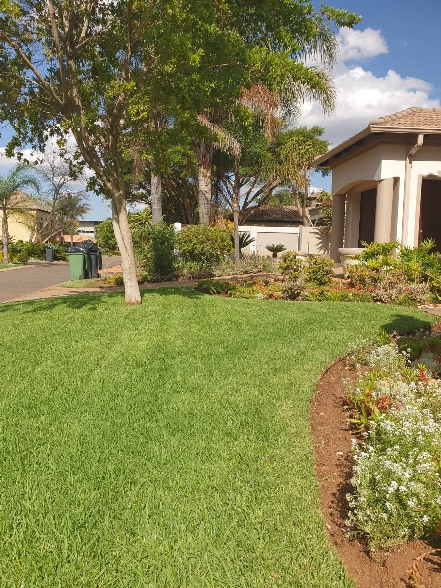 Manicured front lawn and flower borders maintained by Turfex in Midstream